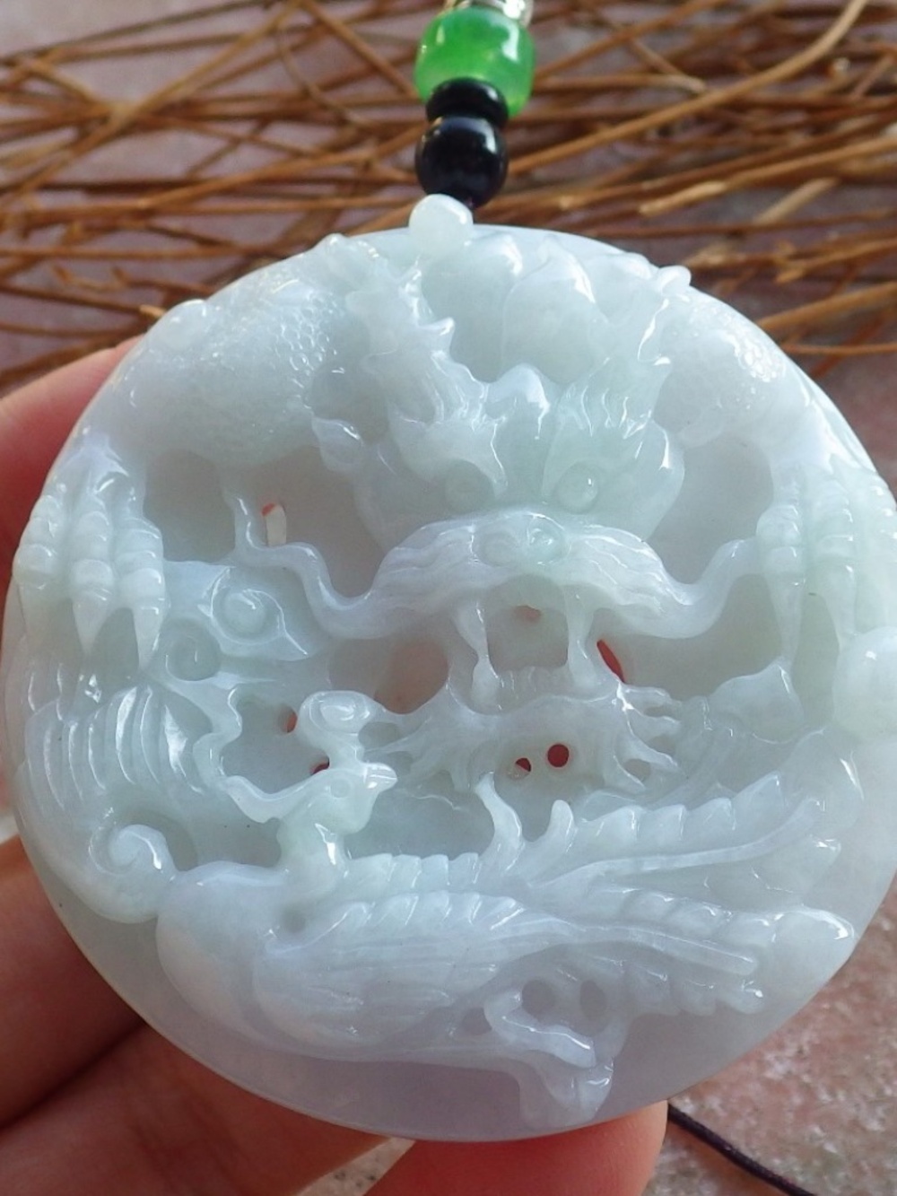Certified Natural A Jade jadeite Dragon Phoenix Lotus Ruyi Pendant Necklace